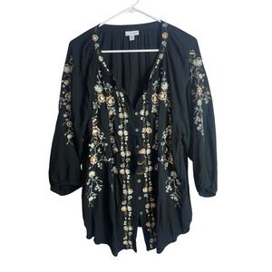 J. Jill Embroidered Black Peasant Blouse 2X Boho Floral Button Front Tassel Tuni